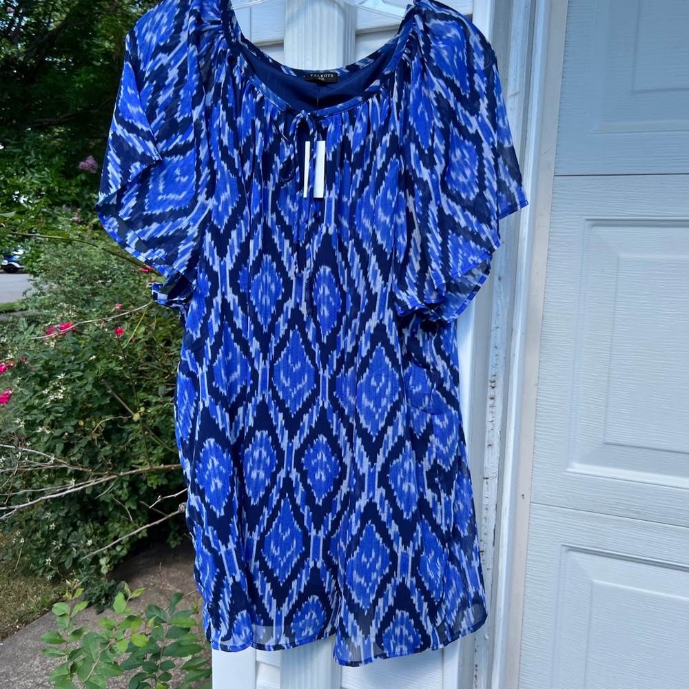 NWT Talbots Pretty Blues White Diamond Pattern Peasant Tie Front Blouse